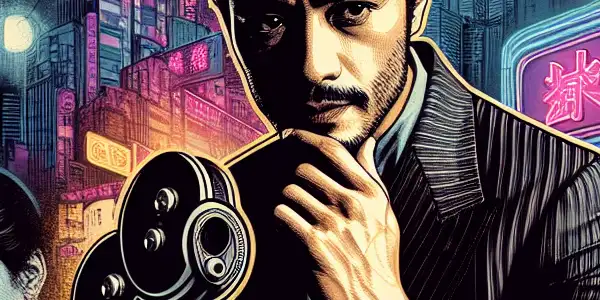 A charismatic director stands beside a vintage camera, surrounded by neon-lit urban scenes of gritty gangsters and provocative actors.