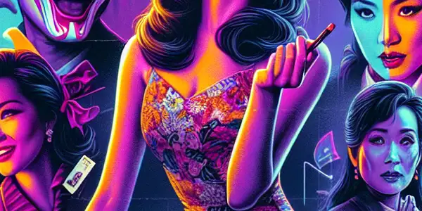 A vibrant movie poster featuring actress Chung Shuk-Wai in dynamic poses, surrounded by neon-lit Hong Kong elements and iconic film references.