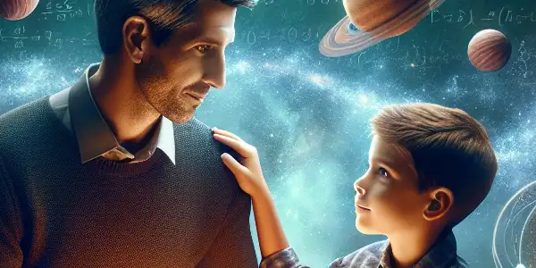 A father and son share a heartfelt educational moment in a whimsical, sci-fi landscape filled with floating books and glowing planets.