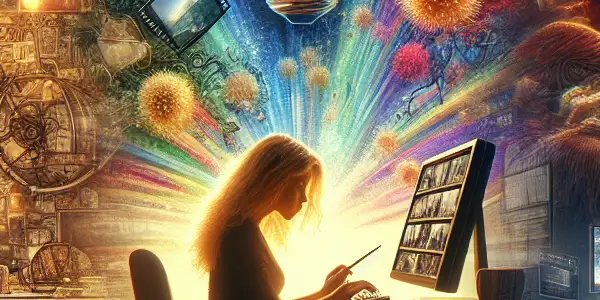 A vibrant depiction of the filmmaking journey from brainstorming to shooting and editing.