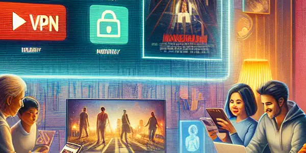 A cozy living room scene with diverse movie fans enjoying digital downloads on various devices, featuring popular streaming logos.