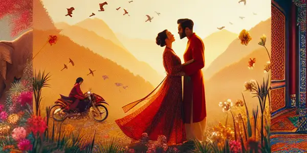 A romantic scene blending traditional Asian architecture with modern elements, featuring intimate moments amidst blooming spring landscapes.