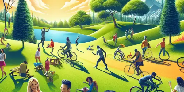 A vibrant outdoor scene of friends enjoying a picnic, engaging in sports, and exploring nature, embodying joy and vitality.