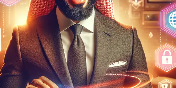 A confident individual completes a secure online transaction at a modern desk, surrounded by high-tech gadgets and promotional graphics.