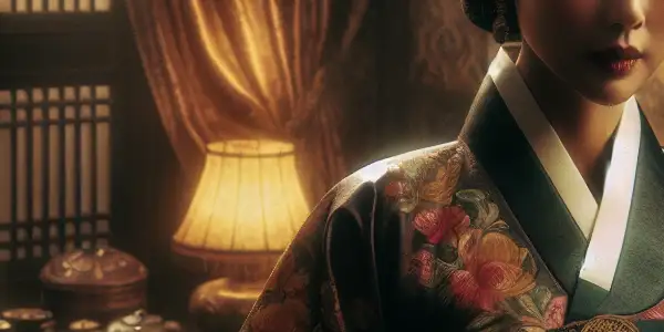 A 1930s Korean noblewoman in an ornate hanbok stands in a dimly lit room, accompanied by an admiring maid.