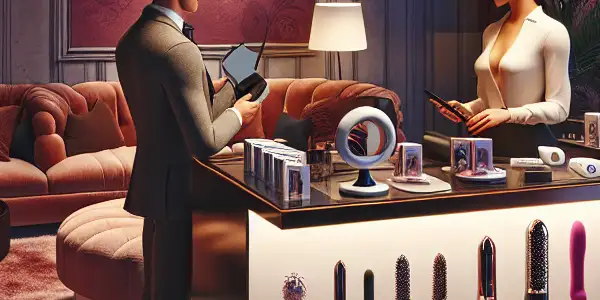 A sophisticated adult toy store with elegant displays, warm lighting, and a knowledgeable sales assistant assisting a customer.
