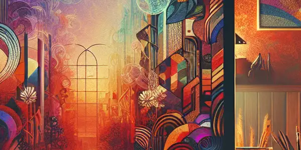 A cozy home office featuring a computer displaying vibrant erotic artwork, surrounded by art books and a potted plant.