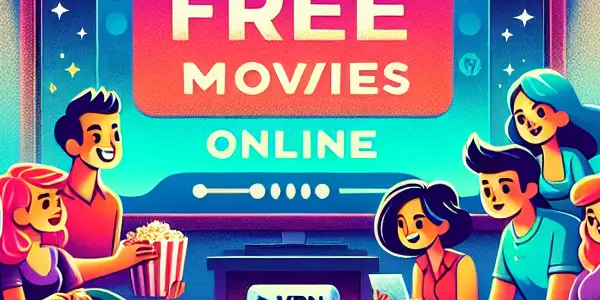 A cozy living room filled with friends enjoying a movie night, surrounded by snacks and a large screen displaying "Free Movies Online."