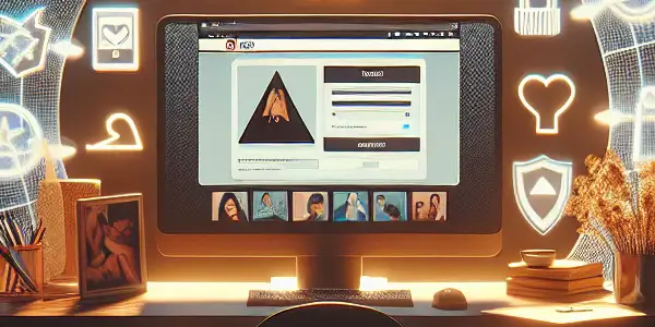 A modern computer desk setup highlighting a secure adult online platform with privacy symbols and inviting atmosphere.