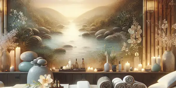 A tranquil spa room with a massage table, candles, and a movie screen depicting relaxation.