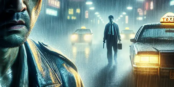 A weary taxi driver clutches a map in a rain-soaked urban street, pursued by a shadowy figure.