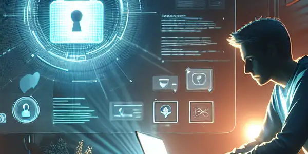 A user in a cozy room uses a laptop with VPN, surrounded by symbols of privacy and security.