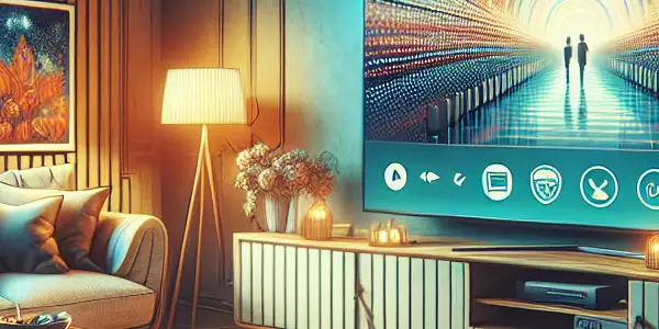 A cozy modern living room with a large TV, snacks, and a laptop showcasing a VPN app for secure streaming.