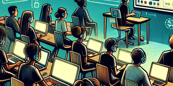 A modern digital classroom with diverse students engaging in a virtual lesson, surrounded by laptops and notebooks.