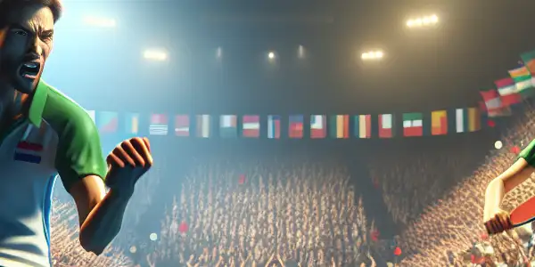 A thrilling table tennis match featuring a male and female athlete, surrounded by passionate fans in a vibrant arena.