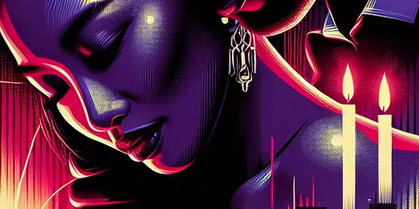 A couple in a passionate embrace against a dimly lit urban backdrop with neon lights and romantic symbols.