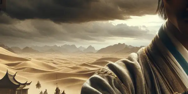 A determined young swordsman stands in a desert town, ready for battle against an approaching storm.