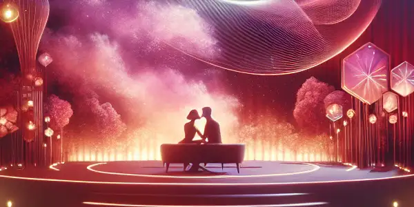 An elegant cinema scene depicting romance, intimacy, and passion with abstract shapes and a couple's silhouette.