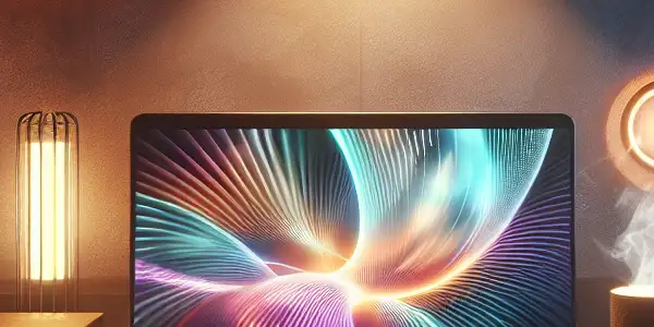 A modern computer desk setup in a cozy room, featuring a glowing laptop, coffee mug, and potted plant.