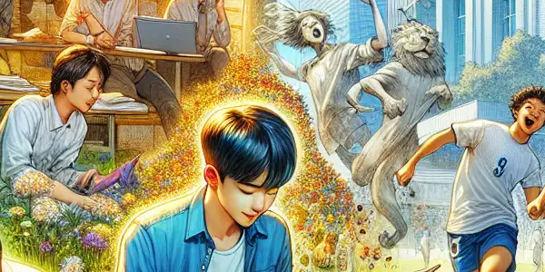 A lively university campus scene with diverse Asian students engaged in art, business, reading, and soccer activities.