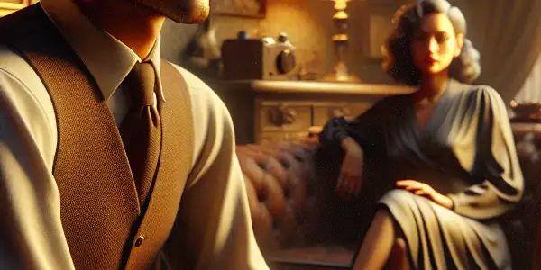 A young man and a middle-aged woman share a tense moment in a warmly lit, nostalgic room.