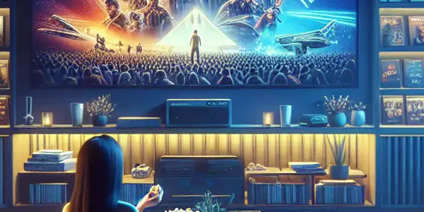 A cozy living room with a person watching a movie on a large TV, surrounded by DVDs and warm lighting.