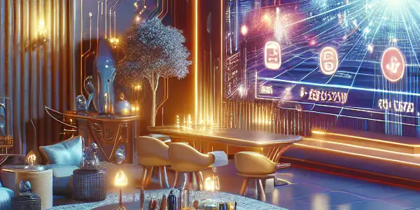 A modern, high-tech living room featuring a large screen displaying adult-themed content in a cozy, intimate setting.