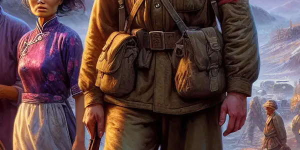 A Soviet soldier, a Chinese farmer woman, and an American pilot unite in a war-torn landscape, symbolizing hope amid chaos.