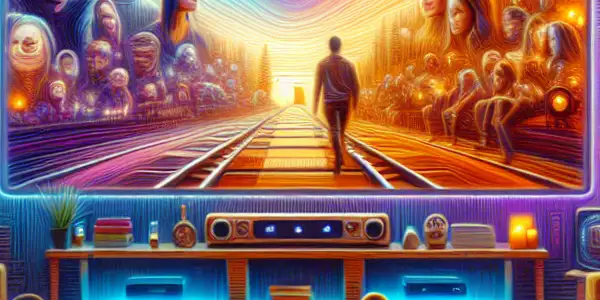 A cozy living room scene with diverse people enjoying a movie night on a large screen, surrounded by snacks and decorations.