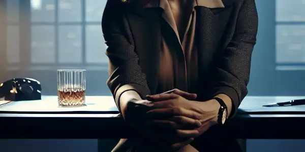 A mysterious woman confidently seated in an interrogation room, exuding allure and tension, with a San Francisco skyline in the background.