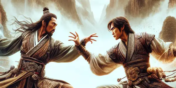 A fierce duel between two traditional Chinese martial artists in a dramatic mountainous landscape.