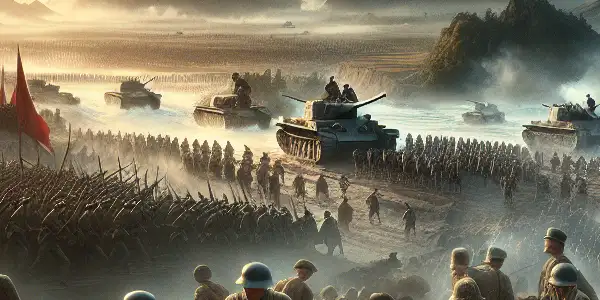 A dramatic depiction of three pivotal battles from the Chinese Liberation War, showcasing bravery, strategy, and historical significance.