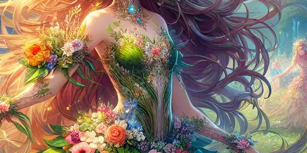 A vibrant magical garden featuring a brave flower fairy and her cheerful friends amidst colorful flowers and whimsical landscapes.