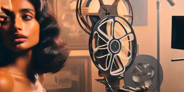 A passionate embrace between two actors on a vintage film set, evoking timeless romance and nostalgia.