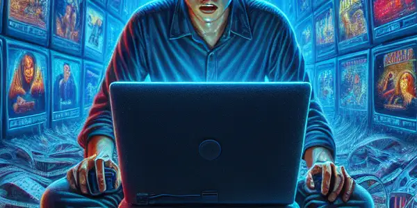 A person struggles with confusing streaming sites showcasing chaotic low-quality movie posters in a cluttered, dimly lit room.