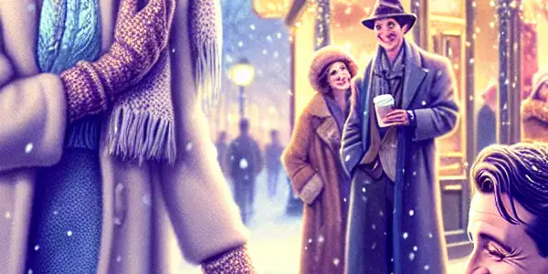 A joyful woman in winter attire bumps into a man on a snowy city street, surrounded by playful squirrels.