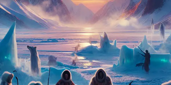 An Inuit family engaged in daily activities in a breathtaking Arctic landscape at sunset, embodying resilience and cultural spirit.