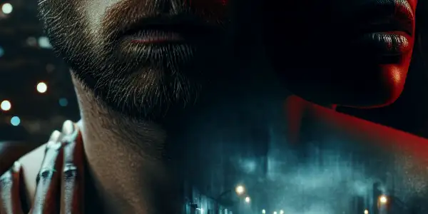 A passionate couple in a dimly lit urban setting, surrounded by blurred city lights and symbols of time and fate.