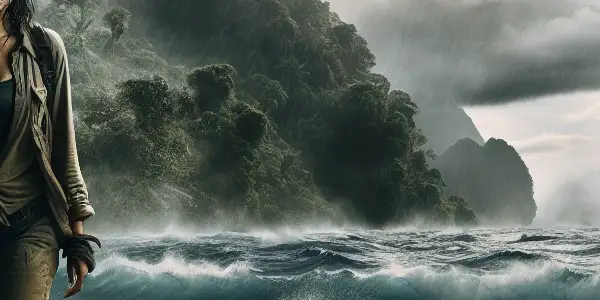 A determined woman stands on a beach, facing a threatening ocean with a shark fin nearby, surrounded by dense jungle.