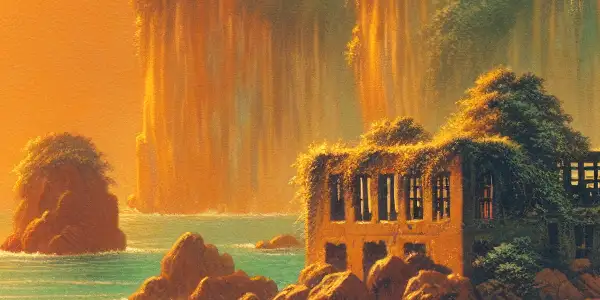 A romantic couple strolls hand-in-hand along a stunning Green Island coastline at sunset, framed by lush landscapes and historical elements.