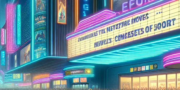 A lively movie theater scene with excited families and friends gathered outside, showcasing a digital marquee for new film releases.