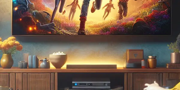 A cozy living room with a family watching a vibrant movie on a large TV, surrounded by popcorn and colorful decor.