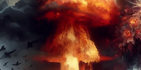 A dramatic nuclear explosion with a contemplative figure on a desolate landscape, symbolizing humanity's complex relationship with technology.