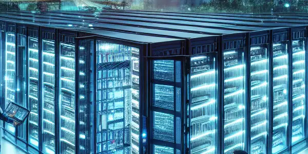 Futuristic warehouse for secure adult film logistics, featuring high-tech equipment and a city skyline backdrop.