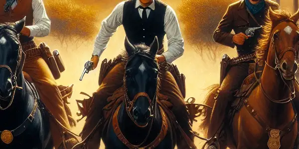 Police officers chase an outlaw on horseback through a dusty desert landscape near an old saloon.
