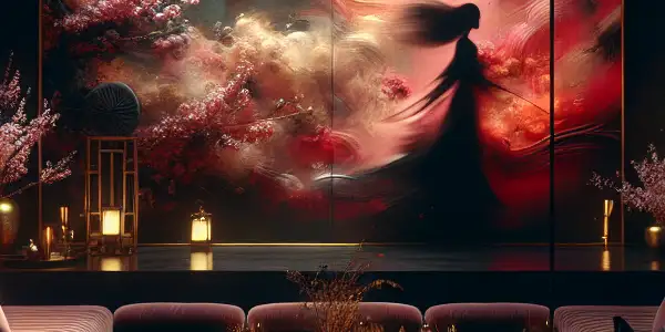 An intimate cinema scene featuring a cinematic screen, plush seating, and hints of Japanese culture, evoking sensuality and allure.