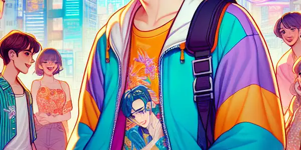 A young man joyfully explores a whimsical Hong Kong skyline, surrounded by humorous, stylish characters in a vibrant, adventurous scene.