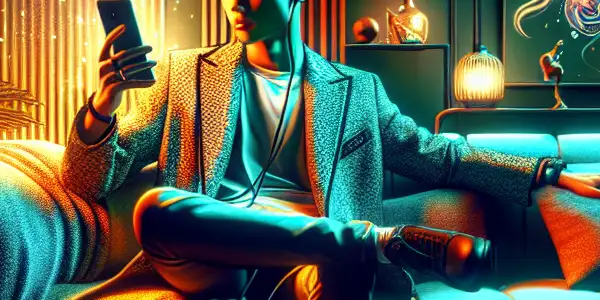 A young person relaxes on a sofa, captivated by colorful visuals on their smartphone in a stylish living space.