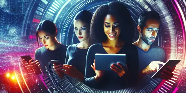 A futuristic digital platform showcasing diverse adult film categories, with individuals engaging on various devices amidst vibrant, abstract elements.