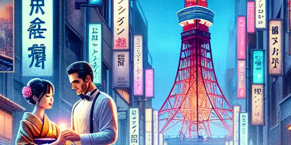A vibrant Tokyo street at night, featuring a stylish couple and a cinema marquee, capturing romance and allure.
